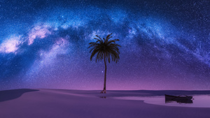 Milky Way, Nightscape, Palm tree, Surreal, Constellation, Stars in sky, Night time, Night sky, Boat, Woman, 4K wallpaper