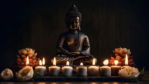 Gautama Buddha, Spiritual, Statue, Lord Buddha, Dark background, Buddhism, Candle lights, AI art, 4K wallpaper