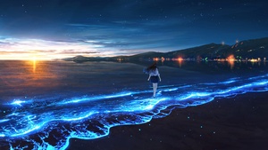 Bioluminescence, Anime girl, Alone, Sunset, Beach, Ocean, 4K wallpaper