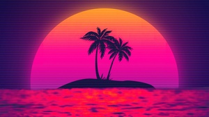 Vaporwave, Sunset, Palm trees, Island, Pink aesthetic, 4K wallpaper