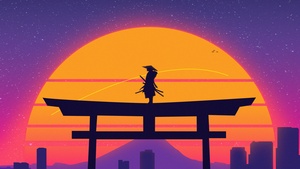 Samurai, Torii gate, Japanese, Sunset, Vaporwave, Digital art, Synthwave, 4K wallpaper
