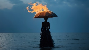 Umbrella, Rain, Fire, Flame, Artist, Artwork, Digital Art, 4K wallpaper