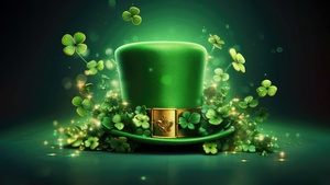 Irish, Leprechaun cap, St. Patricks Day, Illustration, Shamrock, Clover, Green leaves, Green aesthetic, AI art, Four-leaf clovers, 4K wallpaper