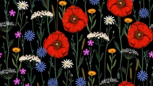 Poppies, Floral designs, Floral Background, Wildflowers, Botanical, Dark background, Flower patterns, 4K wallpaper