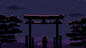 Samurai, Pixel art, Torii gate, Japanese tradition, Dark aesthetic, Retro style, 4K wallpaper