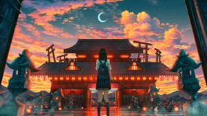 Ancient architecture, Japanese girl, Crescent Moon, Illuminated, Lofi girl, Clouds, Shuu Illust, 4K wallpaper