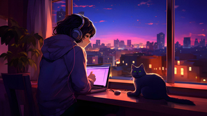 Lofi girl, Night, Cat, Window, City lights, Listening music, 4K wallpaper