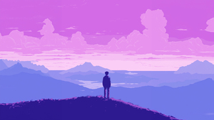 Lofi boy, Landscape, Pixel art, Purple sky, Retro style, Silhouette, 4K wallpaper