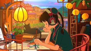 Lofi girl, Painting, Listening music, Lanterns, Aesthetic interior, 4K wallpaper