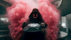 Neon Mask, Hooded Man, Smoke can, 4K wallpaper