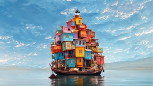 Boat, Ship, House, Manipulation, Artist, Artwork, Digital Art, 4K wallpaper