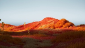 Orange aesthetic, Landscape, Surreal, Autumn Scenery, Red Grass, Minimalist, Dreamlike, Horizon, Ethereal, Moonrise, Serene, Wilderness, 4K wallpaper