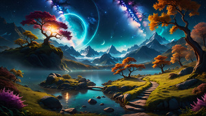 Dreamy, Landscape, Surrealism, Mountains, Mystical Sky, 4K wallpaper