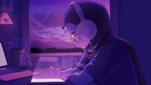 Lofi girl, Listening music, Purple aesthetic, Night, Headphones, 4K wallpaper