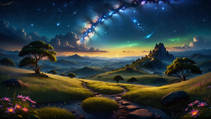 Starry sky, Landscape, Dreamlike, Surreal, AI art, Dawn, 4K wallpaper