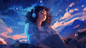 Lofi girl, Surreal, Dreamy, Listening music, Headphones, 4K wallpaper
