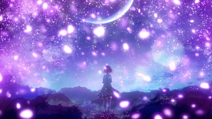 Anime girl, Purple aesthetic, Crescent Moon, Dreamlike, Surrealism, Purple sky, Mood, Lonely, Shuu Illust, 4K wallpaper