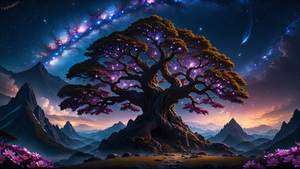 Mysterious, Tree, AI art, Mystic, Beautiful Sky, Purple leaves, Aesthetic, 4K wallpaper