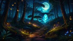 Magical forest, Night, Butterflies, Moon, Glowing, Tall Trees, Stones, Pathway, AI art, 4K wallpaper