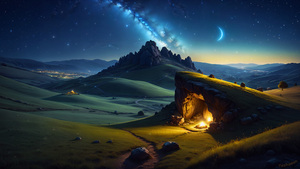 Cave, Night, Landscape, Starry sky, 4K wallpaper