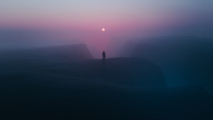 Alone, Sunset, Mountains, Fog, Artist, Artwork, Digital Art, 4K wallpaper