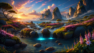 Dreamlike, Outdoor, Landscape, Surrealism, Sunset, Spring flowers, 4K wallpaper