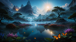 Foggy, Scenery, Waterfalls, Dreamy, Lake, Mountains, Tranquility, 4K wallpaper