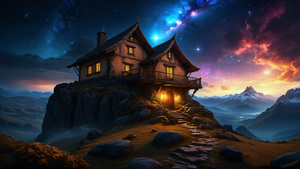 Wooden House, Mountain Peak, Surreal, Dreamlike, 4K wallpaper