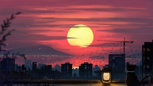Cat, Relaxing, Sunset, Artist, Artwork, Digital Art, Pixiv, 4K wallpaper