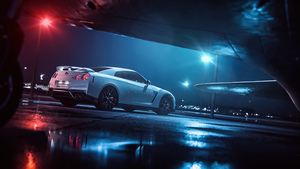 Nissan GT-R R35, Night, Lights, Aircraft, Hanger, Japanese, 4K wallpaper