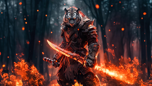 Tiger, Warrior, Fire, Rage, AI art, 4K wallpaper