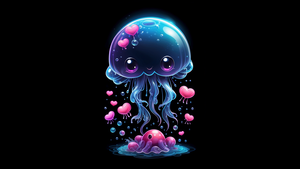 Jellyfish, Cute art, Love hearts, Kawaii, Black background, AMOLED, 4K wallpaper
