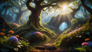 Mystical Forest, Path, Sunlight, AI art, Surrealism, 4K wallpaper