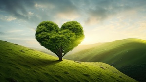 Love heart, Green Tree, Landscape, Aesthetic, AI art, Hill, Romantic, Surreal, 4K wallpaper