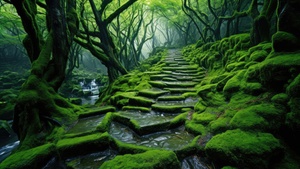 Thick forest, Green aesthetic, Path, Sunlight, Moss, Mossy rocks, 4K wallpaper