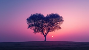 Love heart, Tree, Sunset, Aesthetic, Landscape, Pink sky, 4K wallpaper