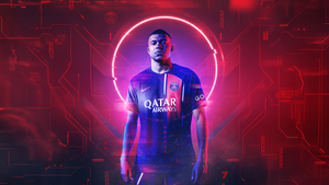 Kylian Mbappé, Neon background, Red aesthetic, French Footballer, Paris Saint-Germain, Dark red, 4K wallpaper