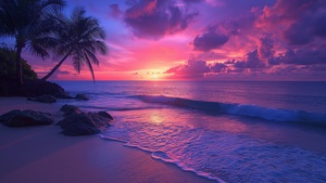 Tropical beach, Aesthetic, Sunset, Purple sky, Palm trees, Calm, 4K wallpaper