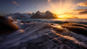 Waves, Nature, Island, Mountains, 4K wallpaper