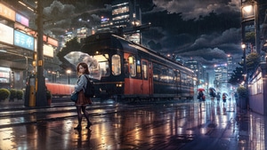 Anime Girl, Anime, Umbrella, Rain, Tram, Artist, Artwork, Digital Art, Artstation, 4K wallpaper