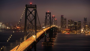 San Francisco-Oakland Bay Bridge, California, City night, Night illumination, 4K wallpaper