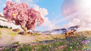 Timeless, Landscape, Wildflowers, Surreal, Deer, Magical, Solitude, Harmony, Peaceful, Saturn, 4K wallpaper
