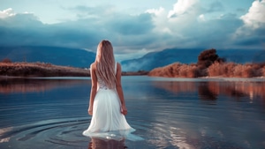 Maria Puchnina, White Dress, Blonde, Girls, Model, Lake, 4K wallpaper