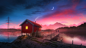 Cozy, Cabin, Sunset, Couple, Romantic, Crescent Moon, Aesthetic, Tranquility, Serene, Peaceful, Wooden pier, 4K wallpaper