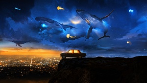 Flying, Whales, Dreamlike, Cliff, Creative, City night, Jellyfishes, 4K wallpaper