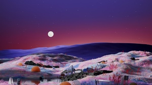 Sunset, Digital Art, Surreal, Landscape, Aesthetic, Stars in sky, 4K wallpaper
