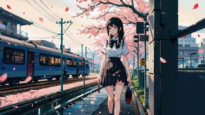 Anime Girl, Anime, Train, Blossom, Artist, Artwork, Digital Art, 4K wallpaper