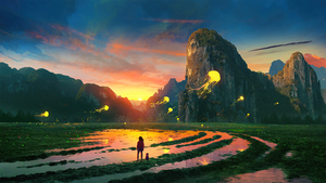 Golden hour, Dream girl, Surreal, Sunset, Afterglow, Jellyfishes, 4K wallpaper