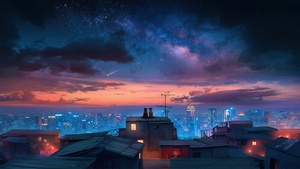 Dogs, Surrealism, Starry sky, Cityscape, Night City, Rooftop, Urban, Romantic, Dreamy, 4K wallpaper