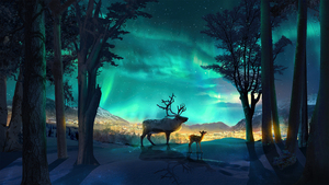 Illuminated, Aurora Borealis, Reindeer, Aurora sky, Cold night, Forest, Surreal, 4K wallpaper